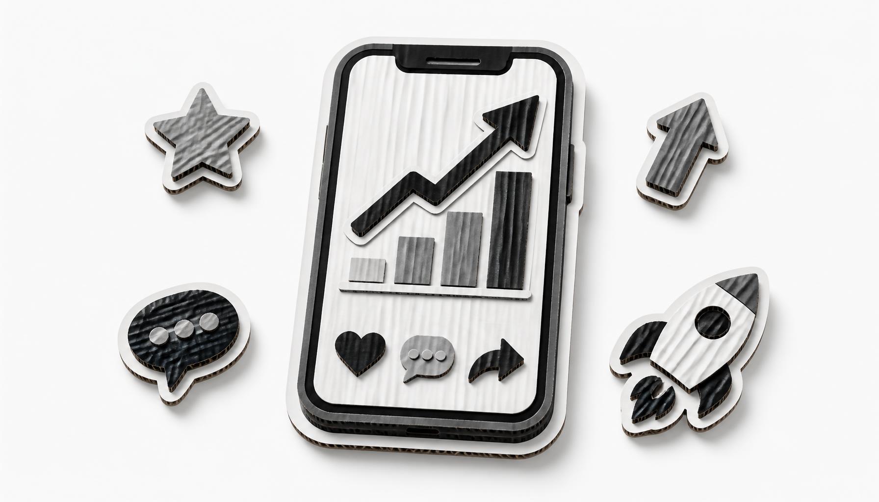 Ilustración 3D paper-craft en blanco y negro: un smartphone con gráfico de crecimiento ascendente, iconos de interacción y stickers flotantes de estrella, flecha, burbuja y cohete sobre fondo claro.